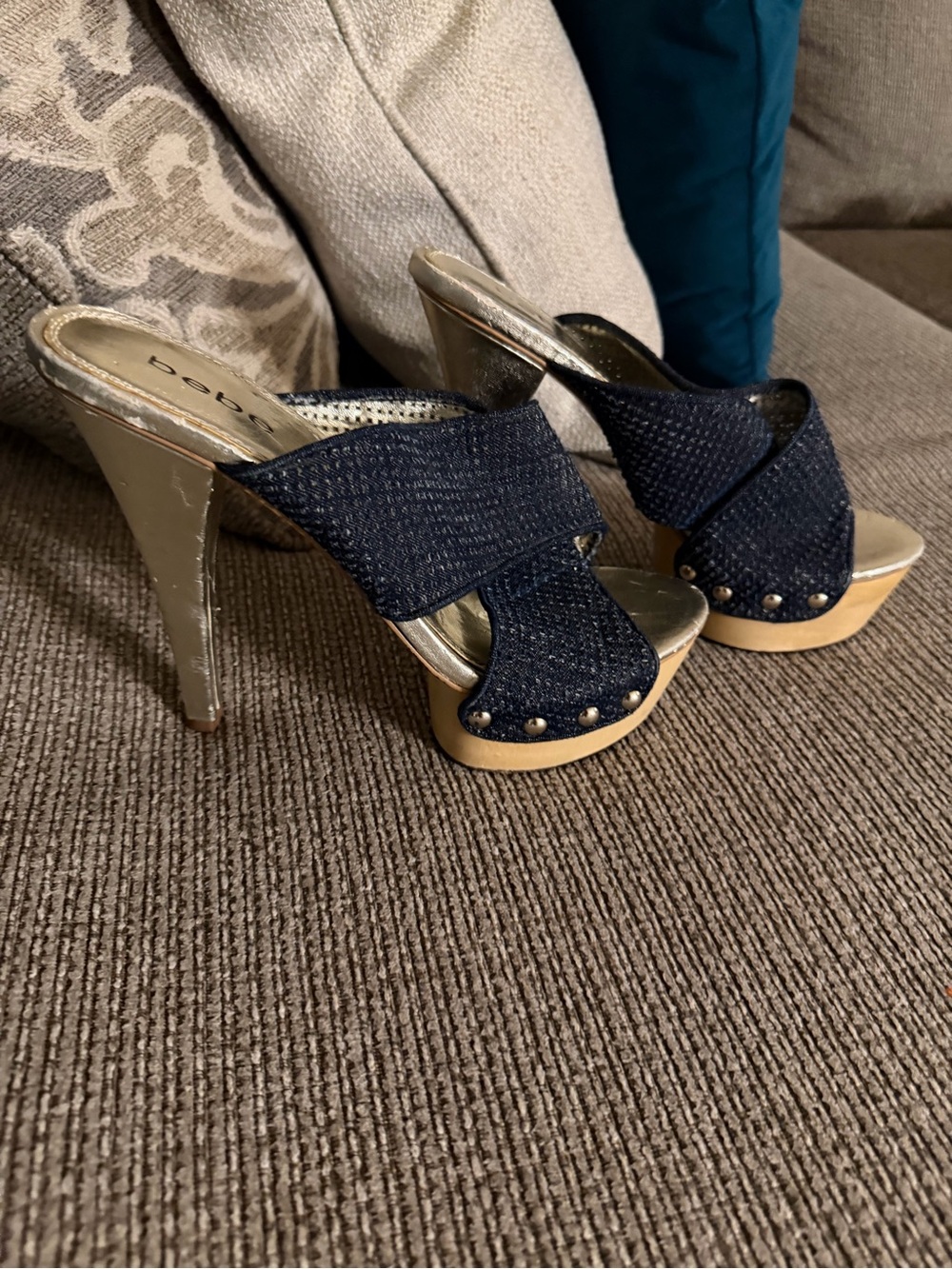 bebe Navy Denim Platform Mule Heels with Gold Metallic Accents